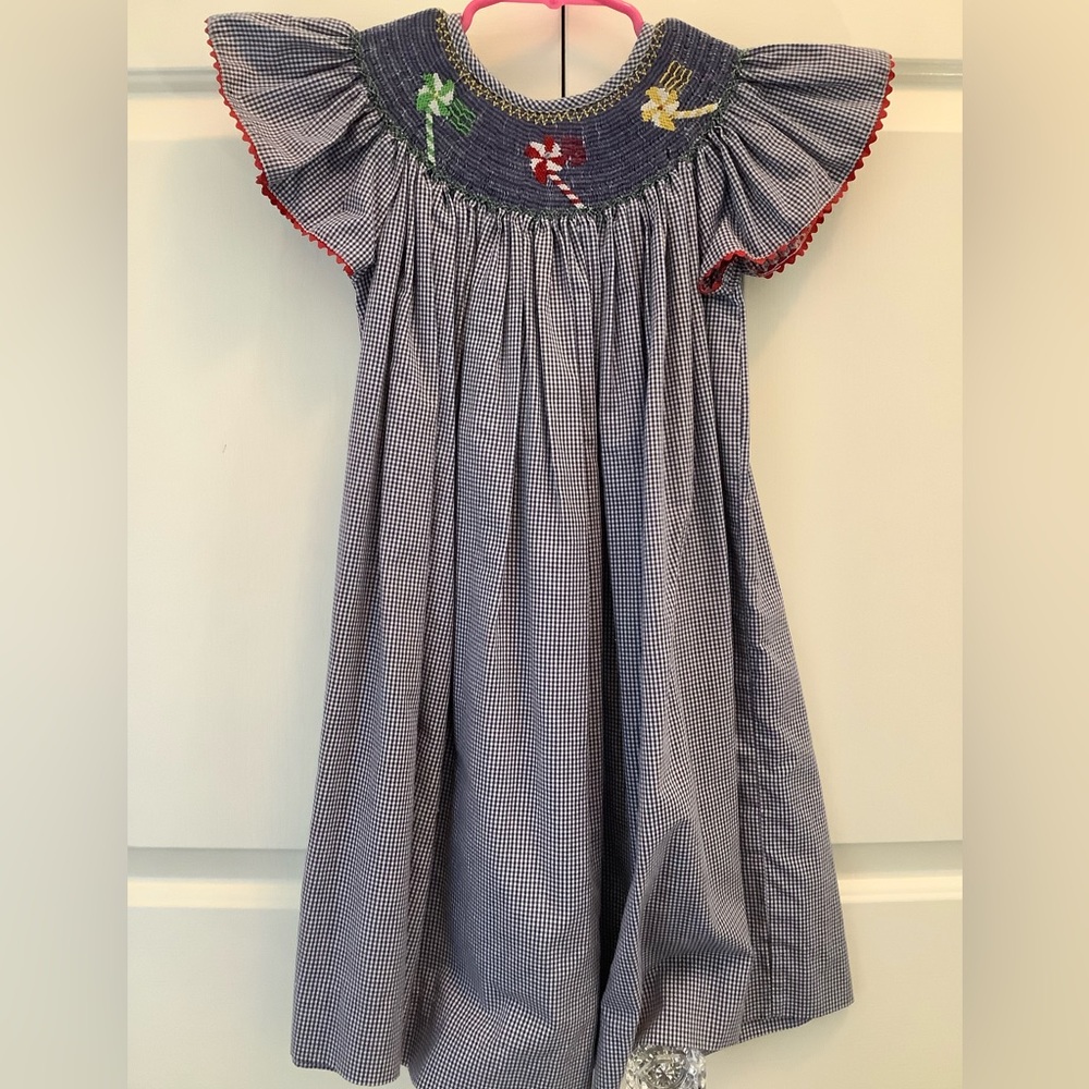 Smocked Blue Gingham Dress Ruffled Sleeve